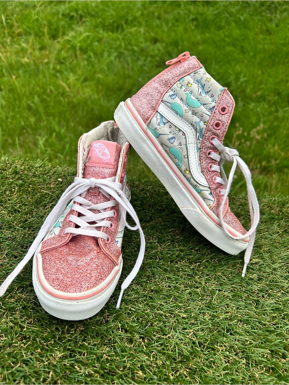 Vans Hightops Girls Pink Glitter Narwhal Hightop Shoes Zipup Sneakers Size 1 1/2